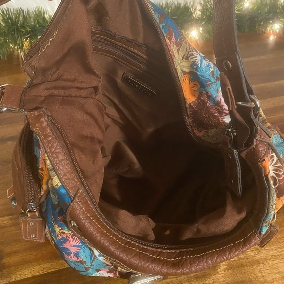 Rosetti Multicolor Floral Purse With Brown Leather Straps and Pocket Trim - Picture 6 of 7